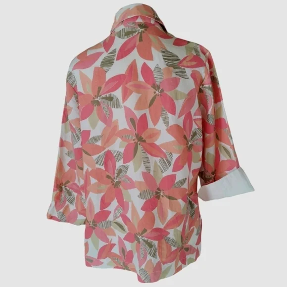 Robert Kitchen 100% Linen Tropical Print 3/4 Sleeve Button Front Blouse - Sz M - Picture 4 of 8